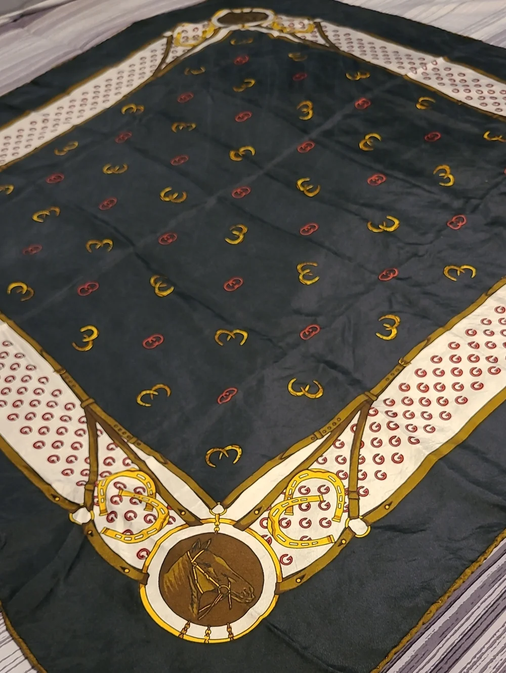 Vintage Gucci 100% Pure Silk Scarf Equestrian GG Logo Horse Head Medallions